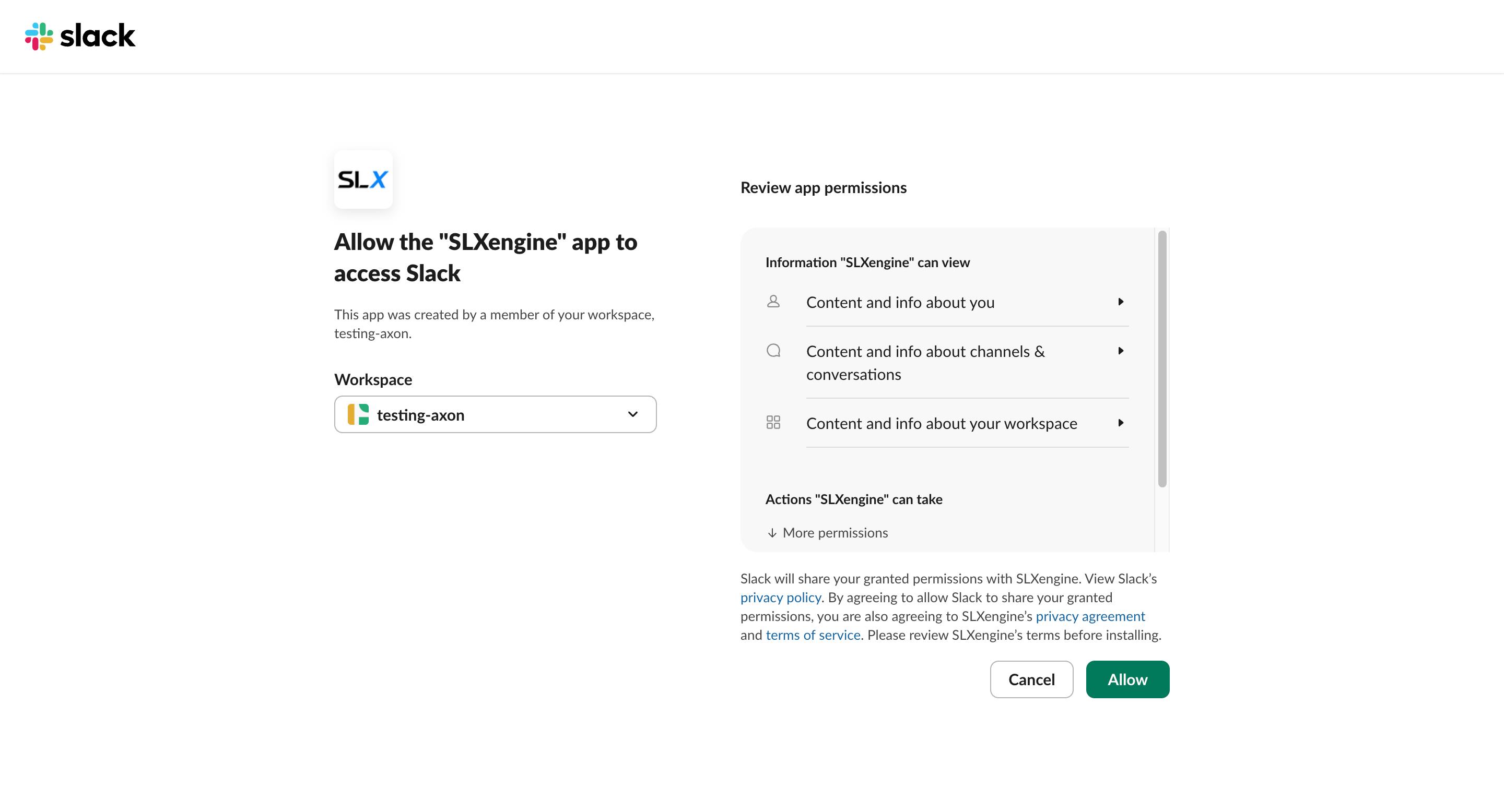 The Slack consent screen — exactly what you’re approving.